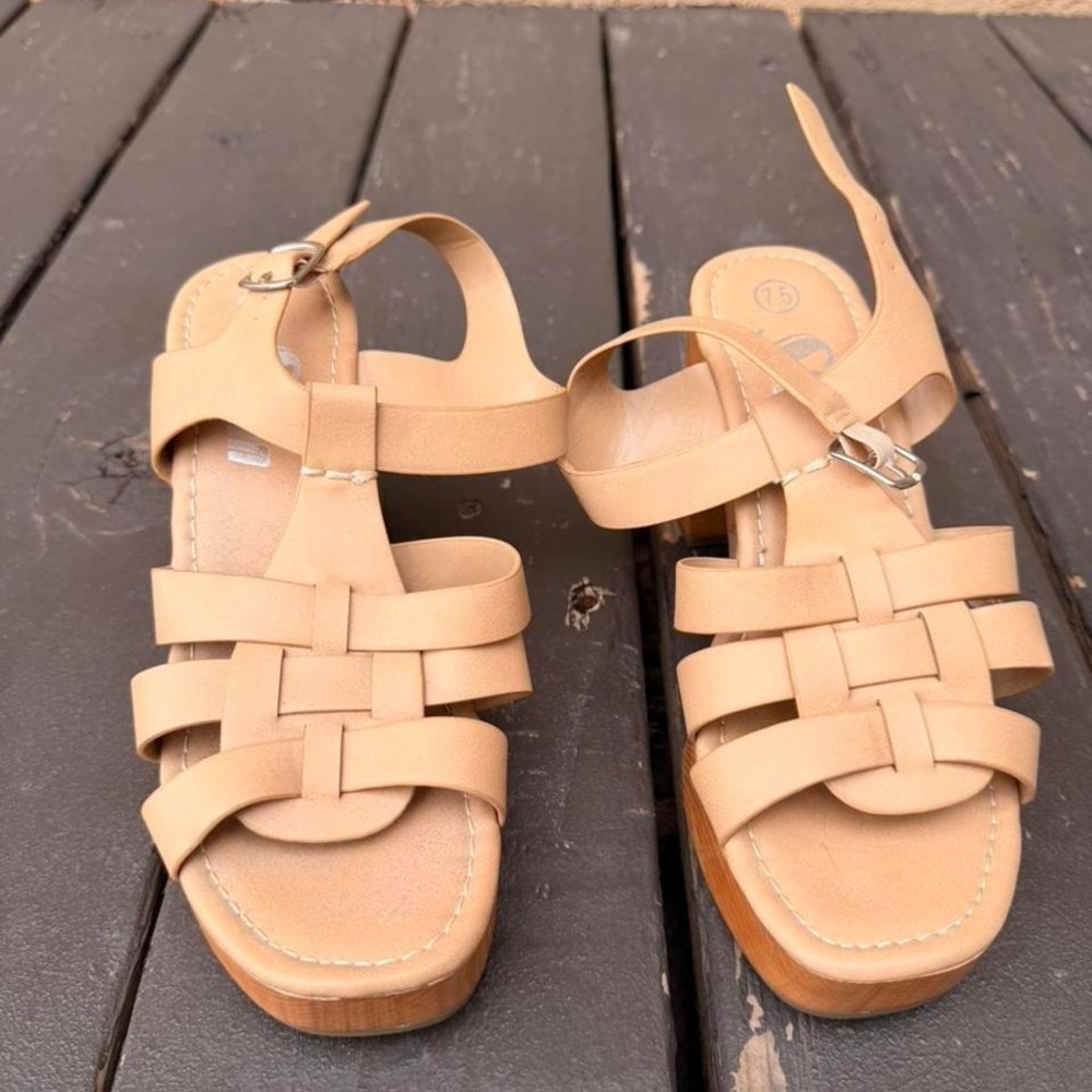 Shein tan leather platform sandals with wooden heel